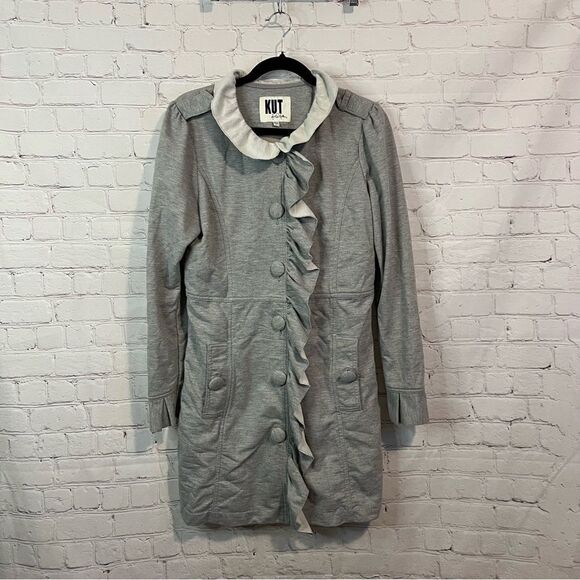 Kut from the Kloth Womens Button Front Long Jacket Size Large Gray Ruffle - Picture 1 of 6